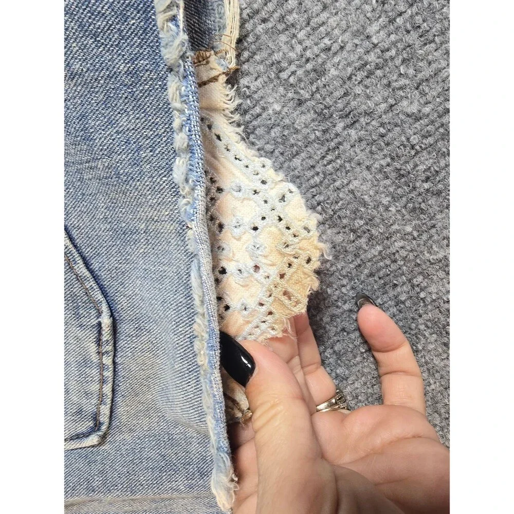 Free People Denim Mini Skirt Womens 6 Blue Lace Inset Boho Festival